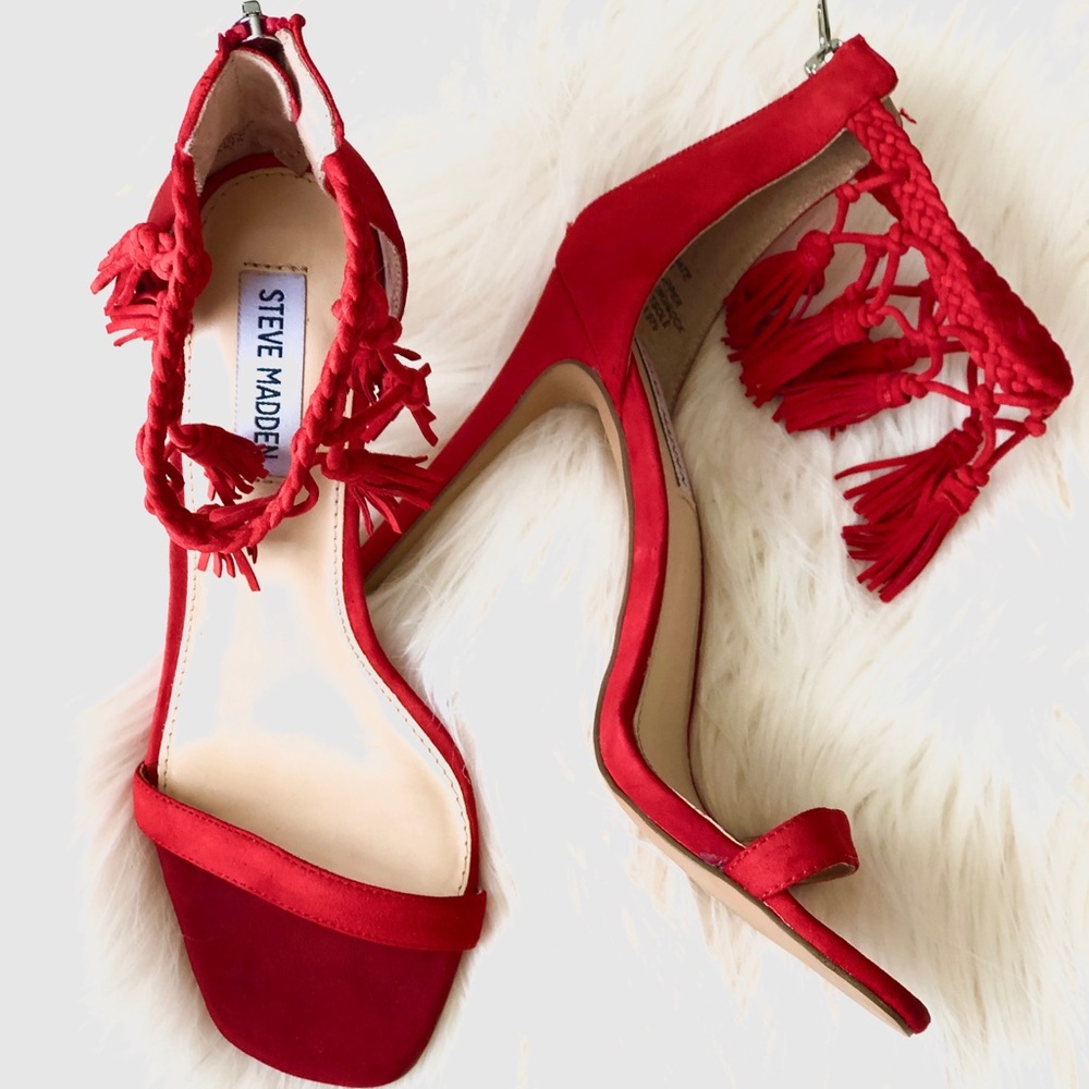 Steve Madden Red Tassel Ankle Stiletto Sandal SZ 8 - Picture 1 of 5
